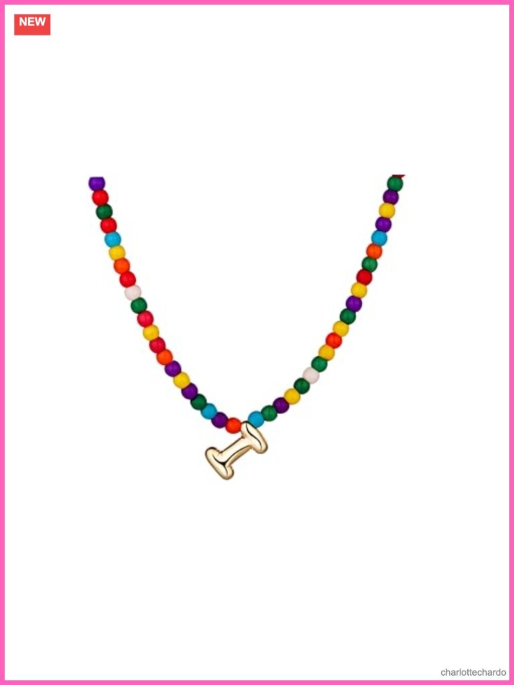 Rainbow Natural Stone Beaded Bubble Initial Pendant Necklace 14K Gold Plated